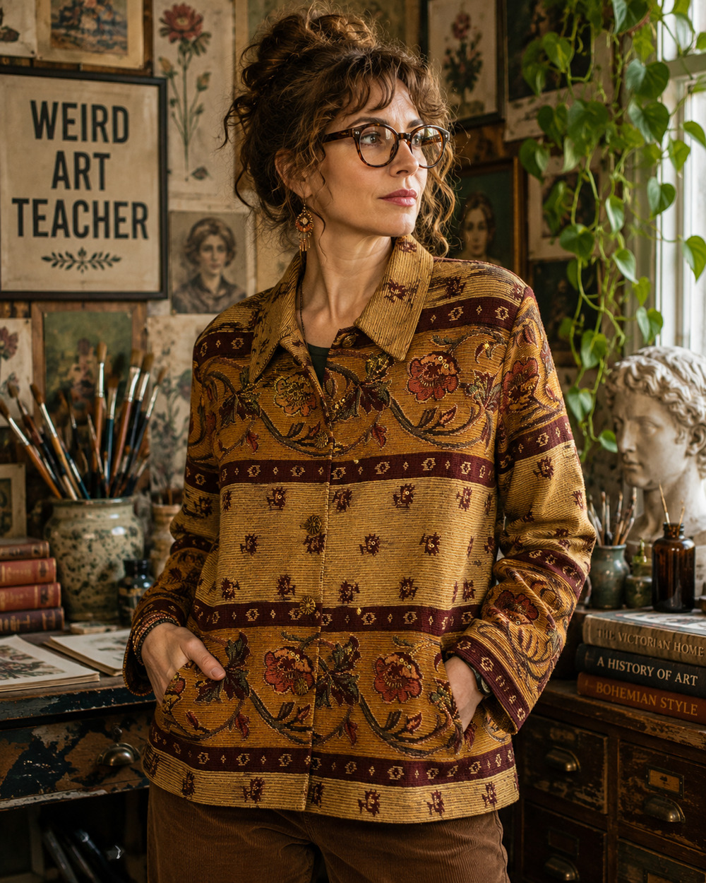 Vintage 1990s Tantrums M Brown Gold Tapestry Jacket Embroidered Beaded Pockets